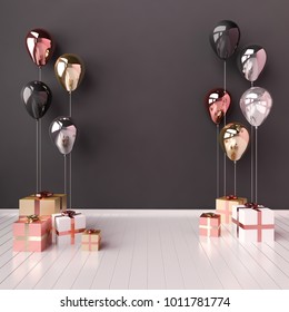 3D Interior Illustration With Black, Golden, Silver And Rose Gold Balloons And Gift Boxes. Glossy Metallic  Composition With Empty Space For Birthday, Party Or Other Promotion Social Media Banners.