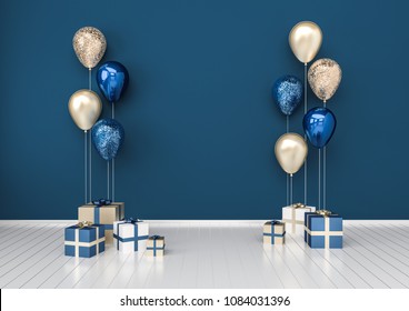 3D interior illustration with dark blue golden sequins balloons and gift boxes. Glossy metallic composition with empty space for birthday, party or other promotion social media banners.