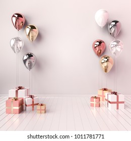 3D interior illustration with white, golden, silver and rose gold balloons and gift boxes. Glossy metallic  composition with empty space for birthday, party or other promotion social media banners.