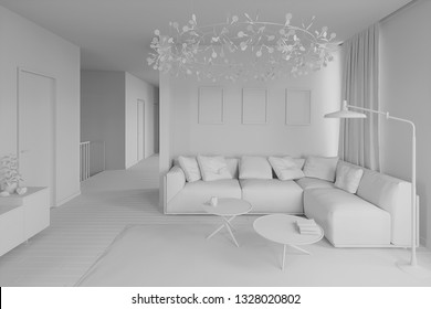 3d Interior One Color White Clay Render. 3d Illustration