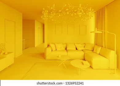3d Interior One Color Yellow Clay Render. 3d Illustration