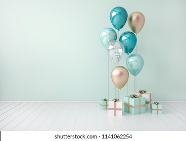 3D interior render with blue and golden balloons, gift boxes. Pastel glossy composition with empty space for birthday, party or other promotion social media banners, text. Poster size illustration. - Powered by Shutterstock