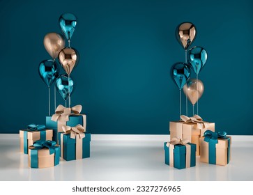 3D interior render with blue and golden balloons, gift boxes. Dark glossy composition with empty space for birthday, party or product promotion social media banners, text. Poster size illustration. - Powered by Shutterstock