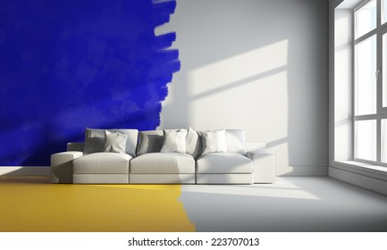 3d Interior Render Of Couch In Bright Color Room