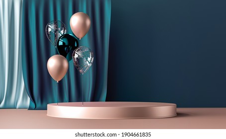 3D interior render with gold, green, glass sequins balloons, podium and curtains on background. Glossy metallic composition with empty space for birthday, party or other promotion social media banners - Powered by Shutterstock