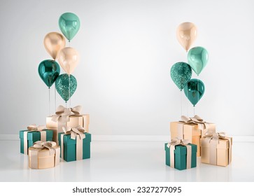 3D interior render with green and golden balloons, gift boxes. Pastel glossy composition with empty space for birthday, party or product promotion social media banners, text. Poster size illustration. - Powered by Shutterstock