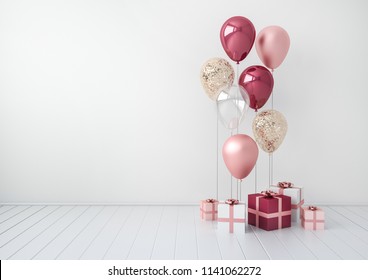 3D interior render with plum and pink balloons, gift boxes. Realistic glossy composition with empty space for birthday, party or other promotion social media banners, text. Poster size illustration. - Powered by Shutterstock