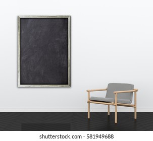 3d interior rendering of blank blackboard frame and wooden armchair