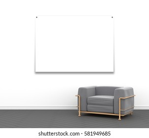 3d interior rendering of blank poster frame and gray textile armchair