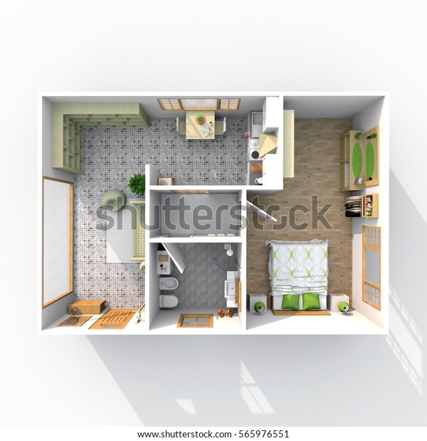 3d Interior Rendering Plan View Rectangular Stock Illustration ...