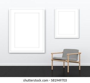 3d interior rendering of two blank white picture frames and wooden armchair