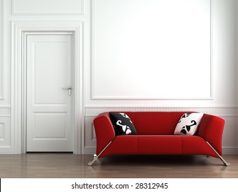 3d Interior Scene Of A Red Couch On White Classic Wall