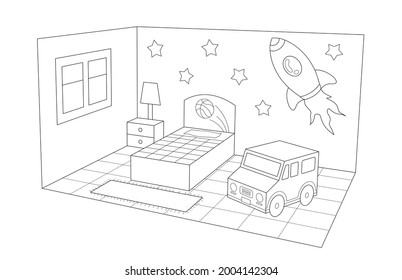3d interior view of a kid bedroom with decorated walls, a bed, nightstand and a large toy car. coloring page black and white illustration, perspective view
