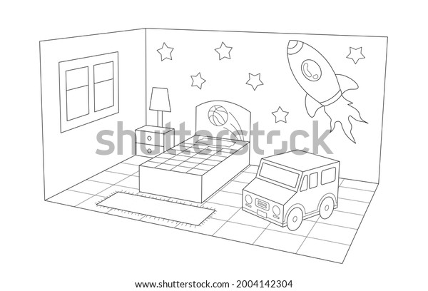 3d interior view of a kid\
bedroom with decorated walls, a bed, nightstand and a large toy\
car. coloring page black and white illustration, perspective\
view