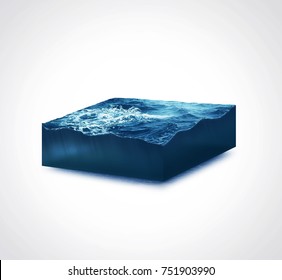 3d isolated illustration section storm sea with big waves on white background