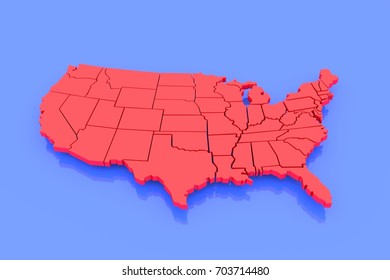 3D Isolated Map Of USA In Red On Blue