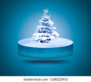 3d Isolated Sea Water Island With Snowfall Adv. 3d Floating Island With Pine Tree. 3d Illustration Of Sea Water Cube Display With Pine Tree For Advertisement.