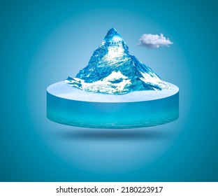 3d Isolated Sea Water Island With Snowfall Adv. 3d Floating Island With Ice Mountain. 3d Illustration Of Sea Water Cube Display With Ice Mountain With Cloud For  Advertisement.