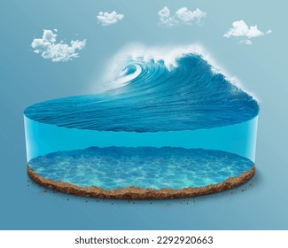 3d Isometric blue ocean with waves, surfing background. deep sea view with ocean surface and under water view. 3d illustration isometric round ocean isolated with waves and clouds. - Powered by Shutterstock