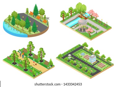 3d Isometric Cartoon Style Green City Public Park Concepts Set Illustration.