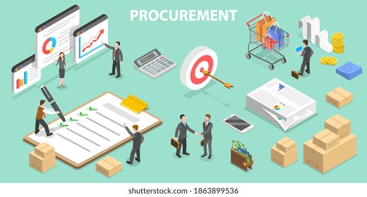 3D Isometric Fla Conceptual Illustration Of Procurement, Process Of Finding And Agreeing To Terms, And Acquiring Goods, Services, Or Works.