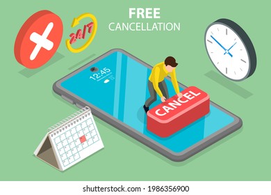 3D Isometric Fla Conceptual Illustration of Free Cancellation, Cancel Reservation or Subscription