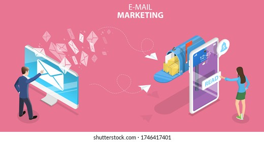 3D Isometric Flat Concept Of Mobile Email Marketing And Advertising Campaign, Newsletter And Subscription, Digital Promotion, Sending A AD Message.