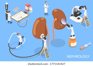 3D Isometric Flat Concept Of Nephrology Clinical Research, Preservation Of Kidney Health.