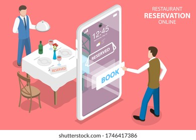 3D Isometric Flat  Concept Of, Restaurant And Cafe Online Food Order App, Table Online Reservation, Mobile Booking.