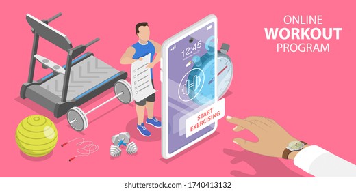 3D Isometric Flat Concept of Online Workout Program, Personal Fitness Coach, Training with Virtual Instructor, Mobile App for Exercising at Home During Quarantine. - Powered by Shutterstock