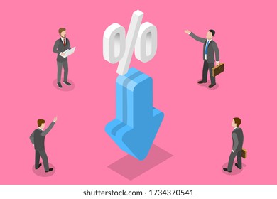 3D Isometric Flat Concept Of Percentage Decrease, Interest Rate Drop.