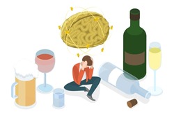 3D Isometric Flat  Conceptual Illustration Of Alcohol Addiction Problem, Bad Habits