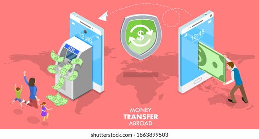 3D Isometric Flat Conceptual Illustration Of Transfer Money Abroad, Sending Money Around The World, Online Banking, Financial Transaction.