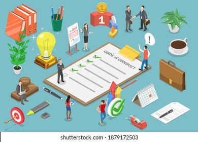 3D Isometric Flat Conceptual Illustration Of Code Of Conduct, Business Ethics, Statement Of Ethical Values.