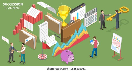3D Isometric Flat Conceptual Illustration Of Business Succession Planning, Recruiting And Developing Employees To Fill Each Key Role Within The Company.