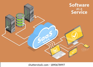 3D Isometric Flat Conceptual Illustration of Saas - Software as a Service, Cloud Computing Technologies.