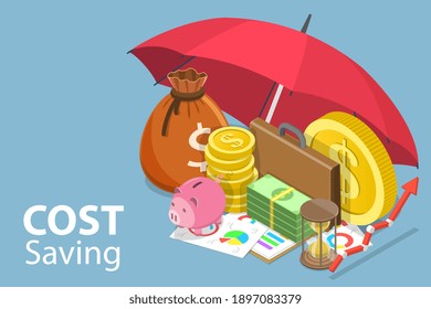 3D Isometric Flat Conceptual Illustration Of Cost Savings, Asset Management, Financial Investment.