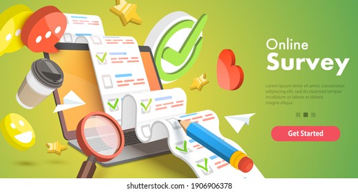 3D Isometric Flat Conceptual Illustration of Online Survey, Customer Rating and Feedback, Quality Test, Client Satisfaction Research.