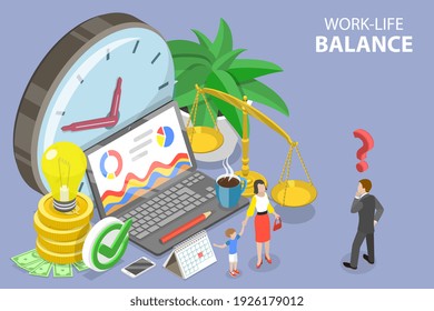 3D Isometric Flat Conceptual Illustration Of Work-Life Balance, Time Management.