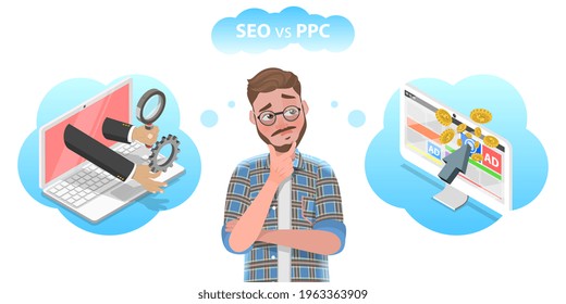 3D Isometric Flat Conceptual Illustration Of SEO Vs PPC, Search Engine Optimization VS Pay Per Click Marketing Strategy.