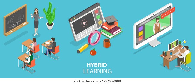 3D Isometric Flat Conceptual Illustration Of Hybrid Or Blended Learning, Combining Online Education With Traditional Place-based Classroom Methods