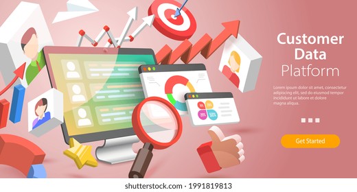 3D Isometric Flat Conceptual Illustration Of Customer Data Platform, Customer Relationship Management, Client Database