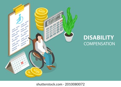 3D Isometric Flat Conceptual Illustration Of Disability Compensation, Workers Compensation Program