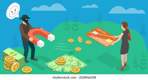 3D Isometric Flat Conceptual Illustration of Bank Card Fraud, Cybercrime and Online Money Stealing
