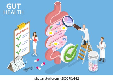 3D Isometric Flat Conceptual Illustration of Gut Health, Healthy Gut Microbiota