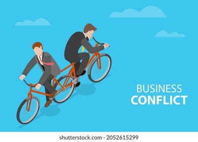 3D Isometric Flat Conceptual Illustration Of Business Conflict, Business Going In Different Directions - Two Men Rowing In Opposite Direction