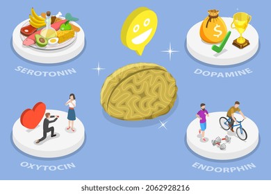 3D Isometric Flat  Conceptual Illustration Of Happy Hormones, Oxytocin, Serotonin, Endorphin And Dopamine