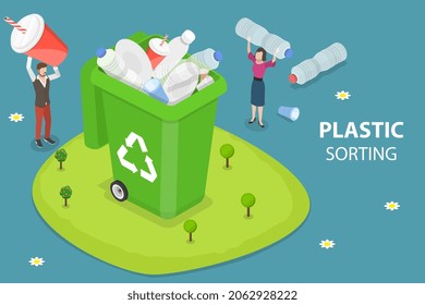 3D Isometric Flat  Conceptual Illustration Of Plastic Garbage Collecting, Waste Segregation And Garbage Management