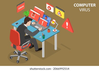 3D Isometric Flat  Conceptual Illustration Of Computer Virus, Cybersecurity Threat And System Error Notification