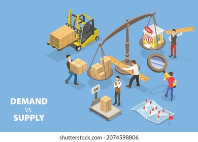 3D Isometric Flat  Conceptual Illustration Of Demand Vs Supply, Main Model Of Price Determination Used In Economic Theory